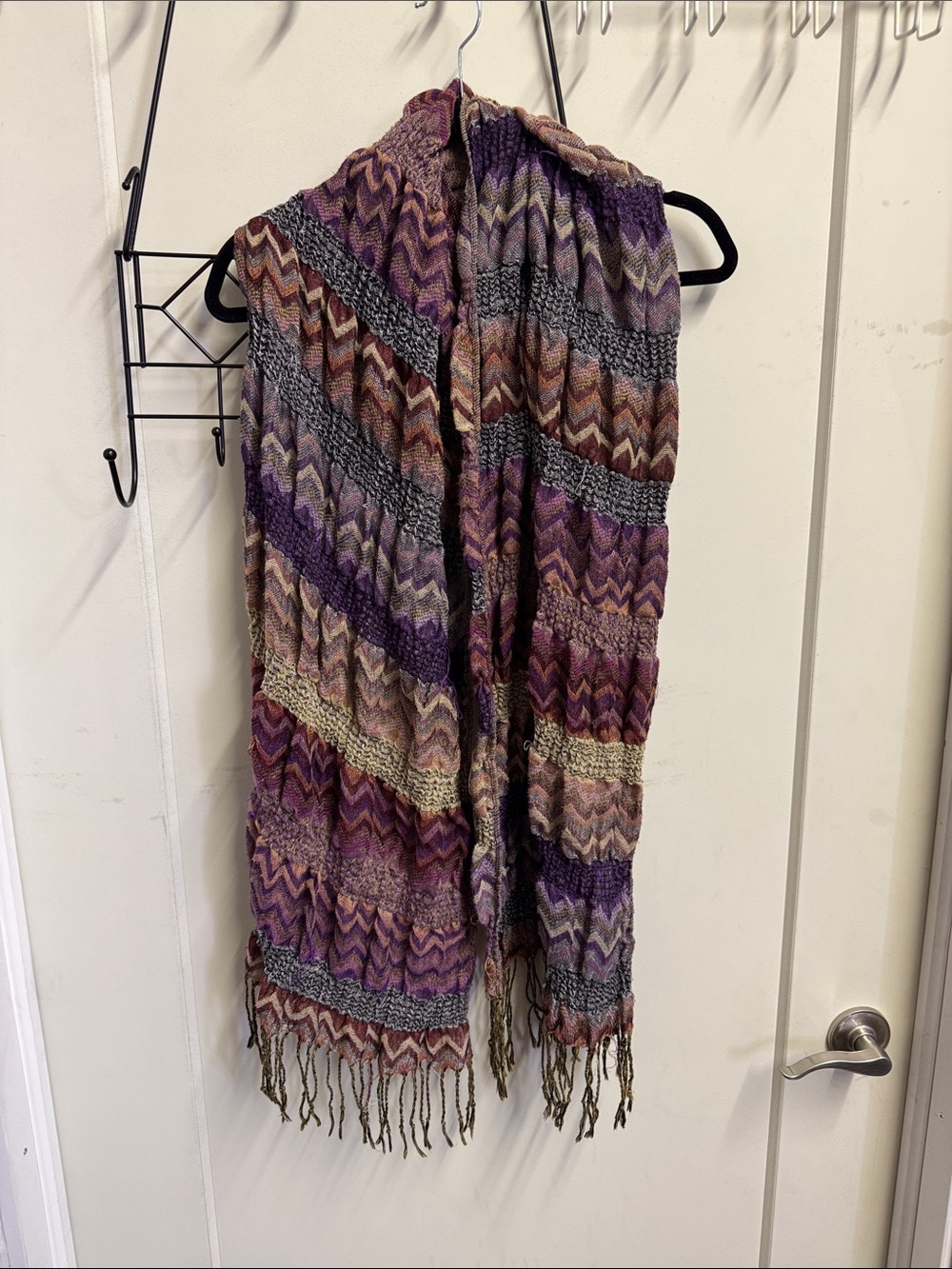 Chevron Fringe Knit Scarf in Purple, Olive & Rust
